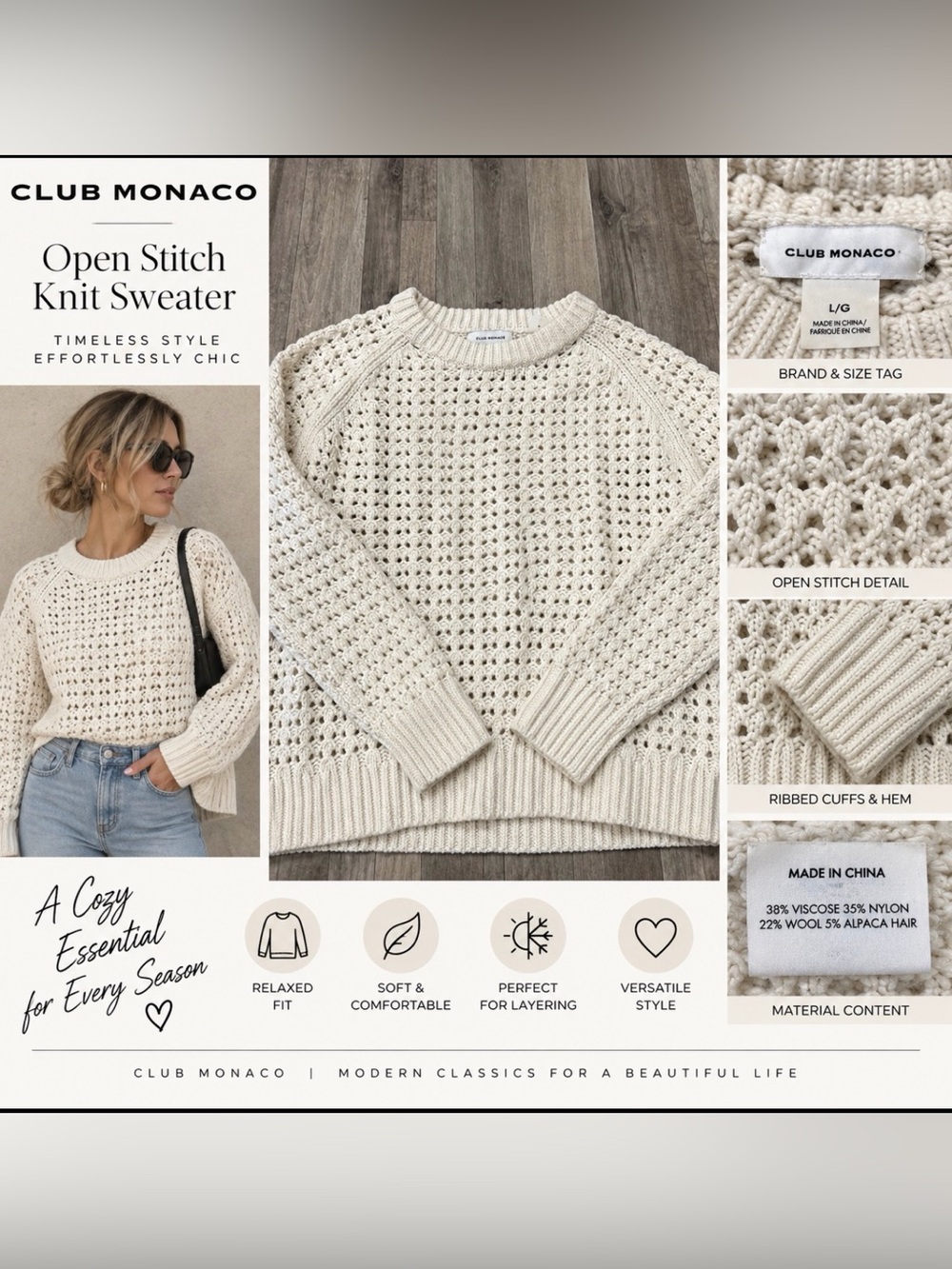 Club Monaco Open Stitch Sweater Cream Size Large NWT $169.50